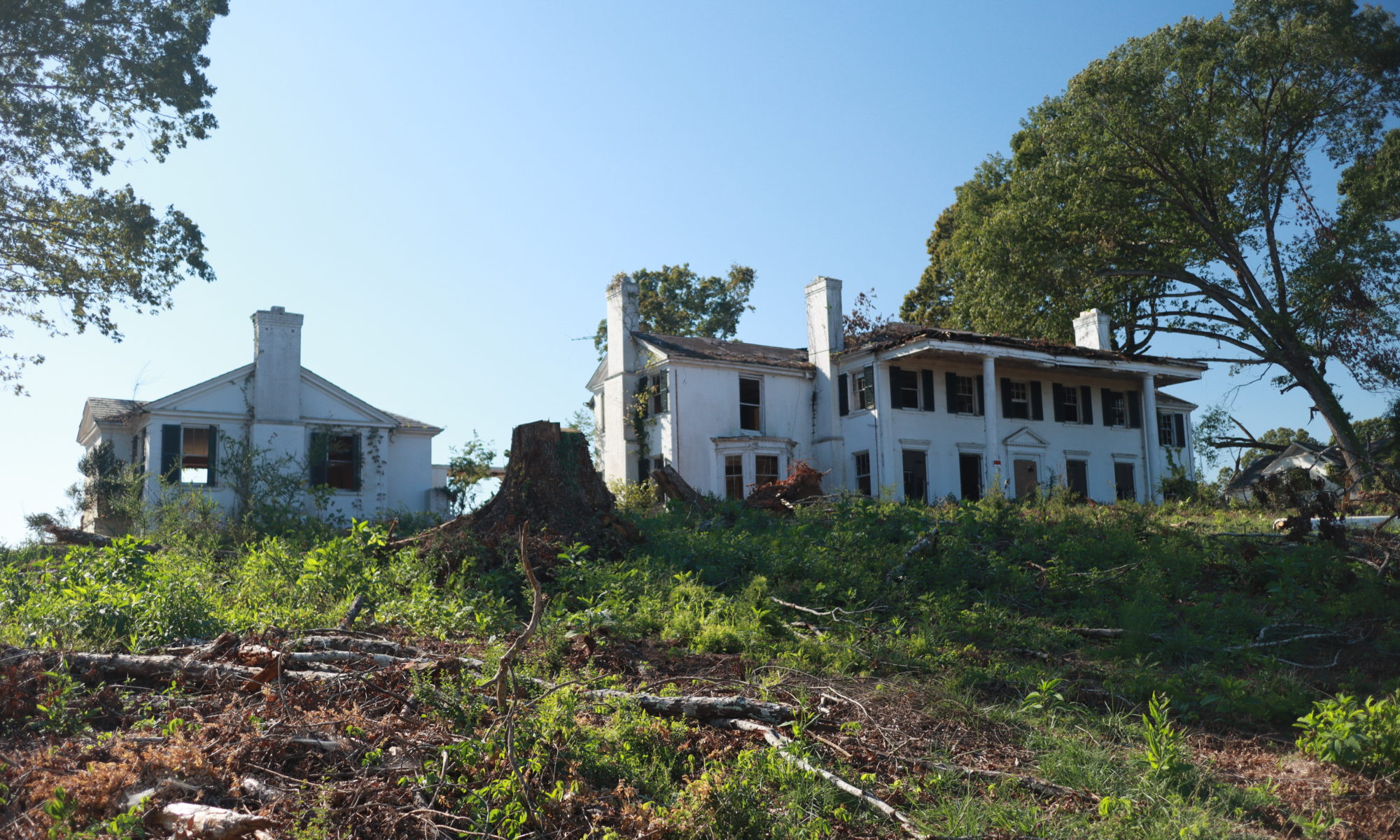 sally abyey rose house, faux antebellum plantation home in ruins at the top of a hill.